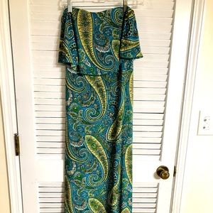 Strapless maxi dress. Blue and yellow